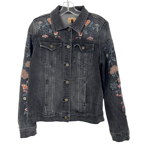 Driftwood Geena Black Denim Multicolor Floral Embroidered Jean Jacket Size Large - Picture 1 of 8
